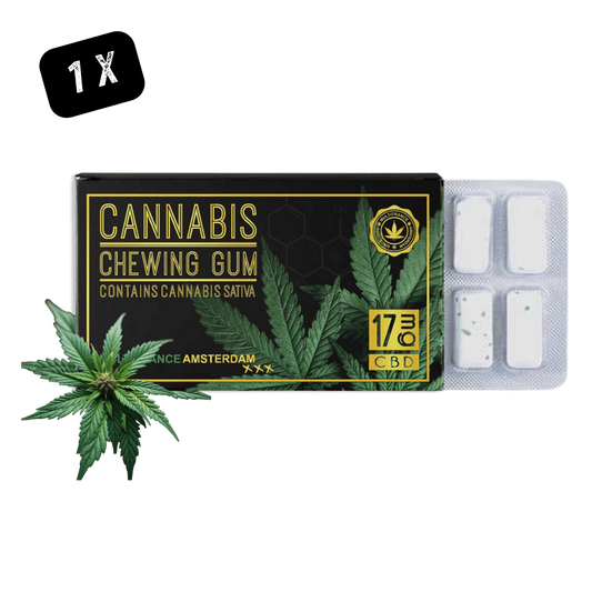 Boîte et plaquette de chewing-gum CBD 17 mg, blister de pastilles