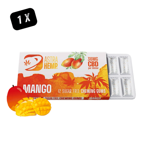 Boîte de gommes à mâcher CBD au mango, 12 pièces, sans sucre, blister visible