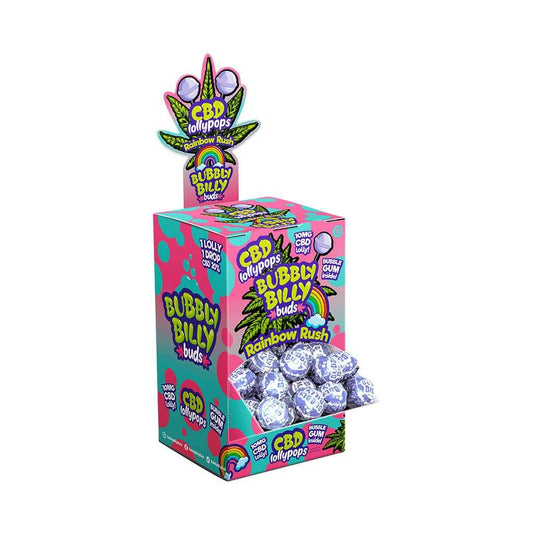 Boîte de 100 sucettes CBD BUBBLY BILLY Rainbow Rush, emballage coloré avec confiseries