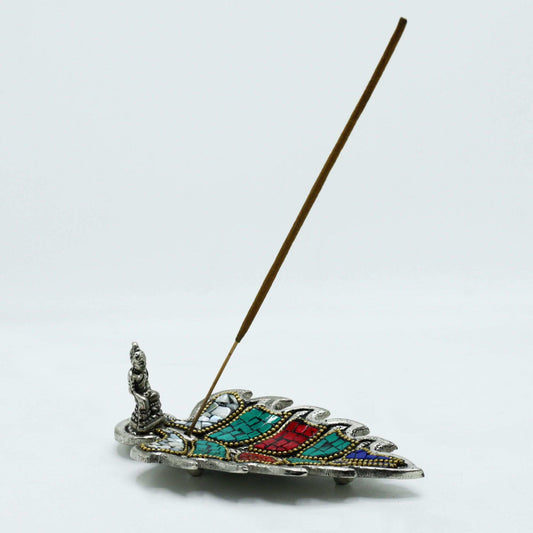 Porte-encens feuille mosaïque multicolore, statuette de Bouddha et bâtonnet d’encens