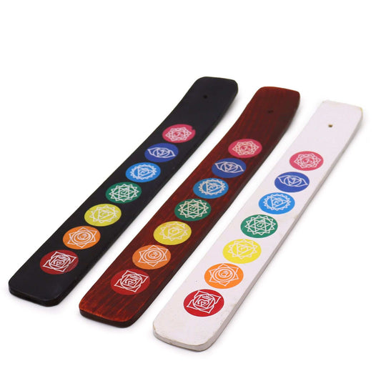 Porte-encens en bois avec 7 symboles de chakras colorés, trois finitions