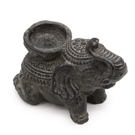 Brûleur d’encens éléphant en béton noir antique, vue arrière avec grand bol circulaire.