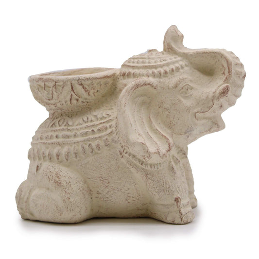 Porte-encens éléphant en béton crème, double cuvette ouverte pour encens et bougie.