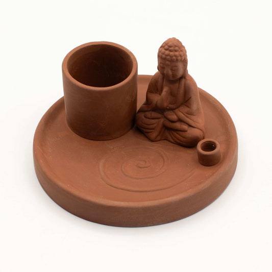 Porte-encens en céramique terre cuite avec Bouddha assis et support pour bâton d’encens