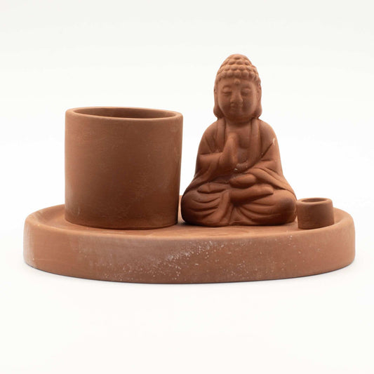 Porte-encens terre cuite avec Bouddha assis, grand trou et support latéral