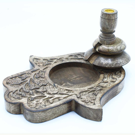 Brûleur à encens en bois sculpté, coupelle en forme de hamsa et cône en haut