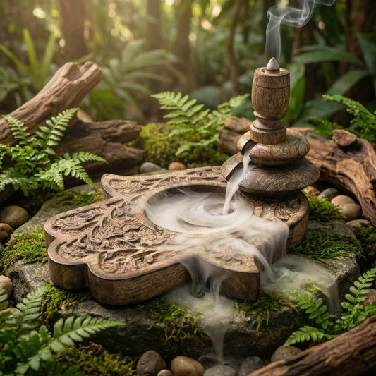 Brûleur à encens en bois sculpté, fumée en cascade sortant de la coupelle