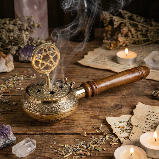 Brûleur d’encens en laiton avec manche en bois, socle gravé, fumée