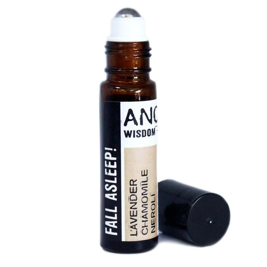 Flacon roll-on d’huiles essentielles 10 ml ambré, bouchon noir, étiquette blanche.