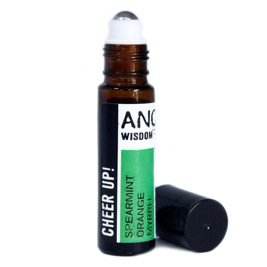 Flacon roll-on huiles essentielles ANC WISDOM 10 ml, bouchon argenté, étiquette verte.