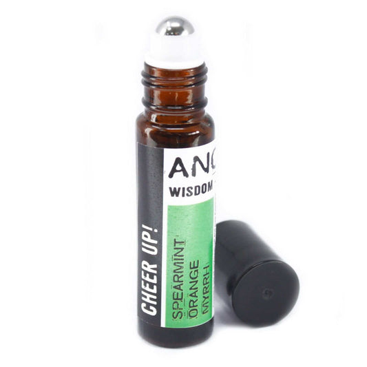 Flacon roll-on huiles essentielles ANC WISDOM 10 ml, bouchon argenté, capuchon noir.