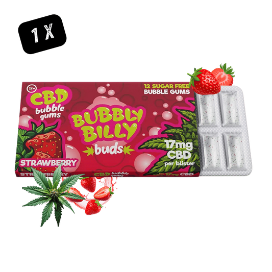 Barquette de gommes à bulles CBD à la fraise sans sucre, 12 pièces, 17 mg