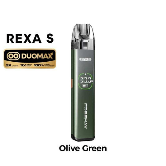 Kit pod rechargeable vert olive, réservoir transparent visible et affichage LED.