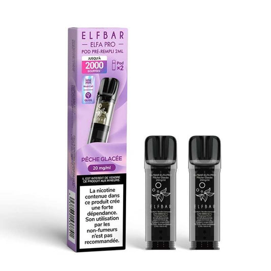 Pack de 2 pods ElfBar Elfa Pro « Pêche glacée » 2 ml, 20 mg/ml, cartouches noires.