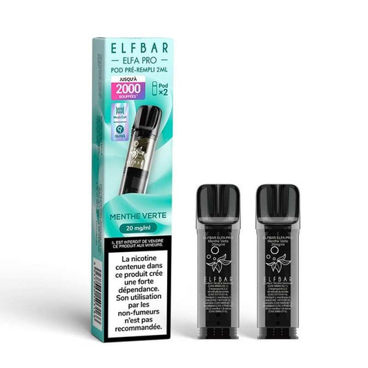 Coffret ElfBar Elfa Pro menthe verte 20 mg/ml, pods noirs rechargeables, pack de 2