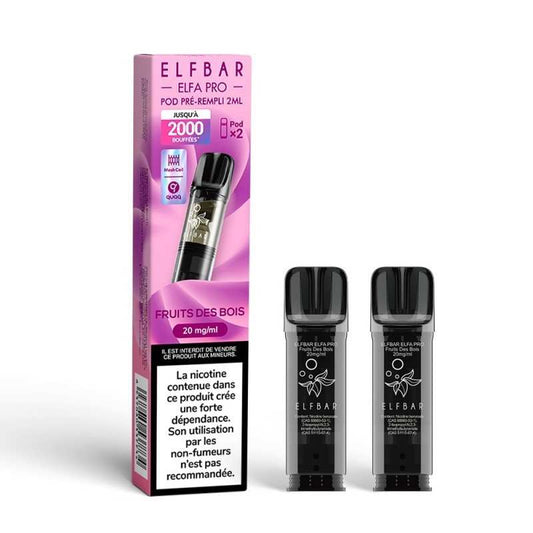 Boîte et 2 pods noirs ElfBar Elfa Pro, Fruits des bois, 20 mg/ml
