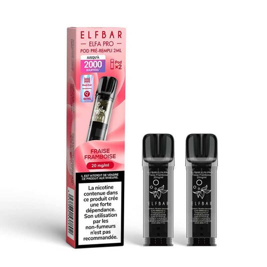 Kit pods ElfBar Elfa Pro framboise : boîte et 2 cigarettes électroniques noires