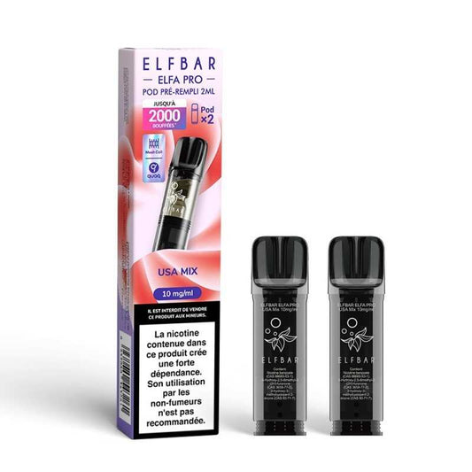 Pack de 2 pods ElfBar Elfa Pro USA Mix, boîte et 2 cartouches noires