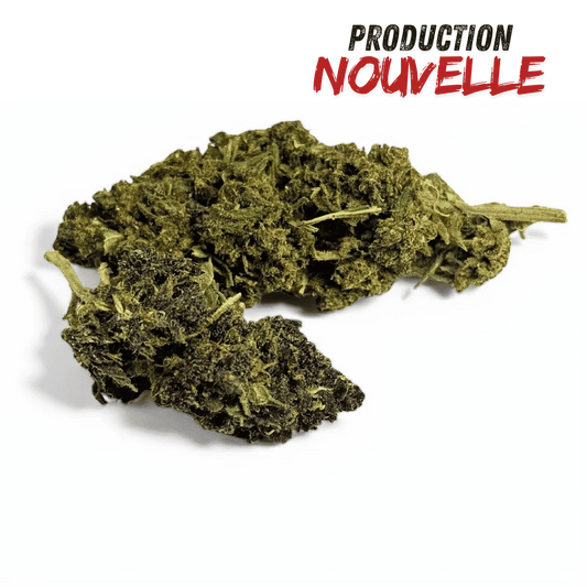 Fleur CBD hybride indoor en vrac, bourgeons verts foncés texturés