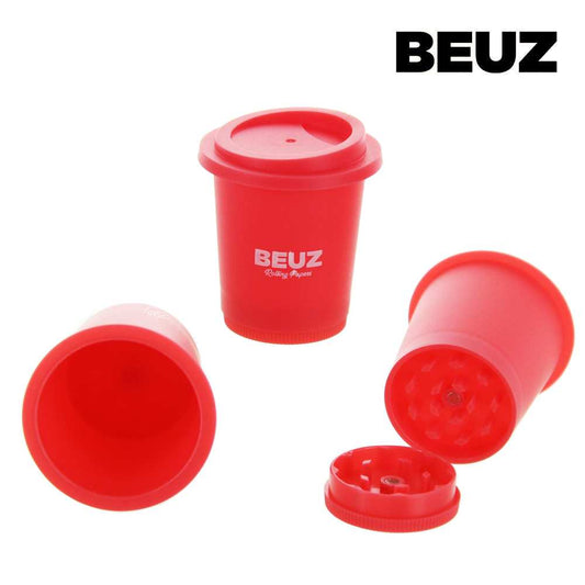 Boîte plastique BEUZ rouge avec couvercle et mini grinder, format tasse