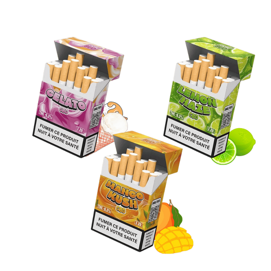 Lot de cigarettes CBD en étuis, trois saveurs, cigarettes prêtes à rouler