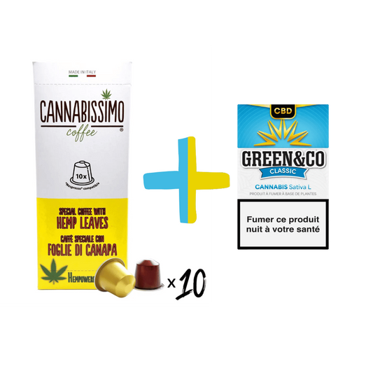 Pack de capsules CBD café et cigarettes, boîte et étui Green&Co x10