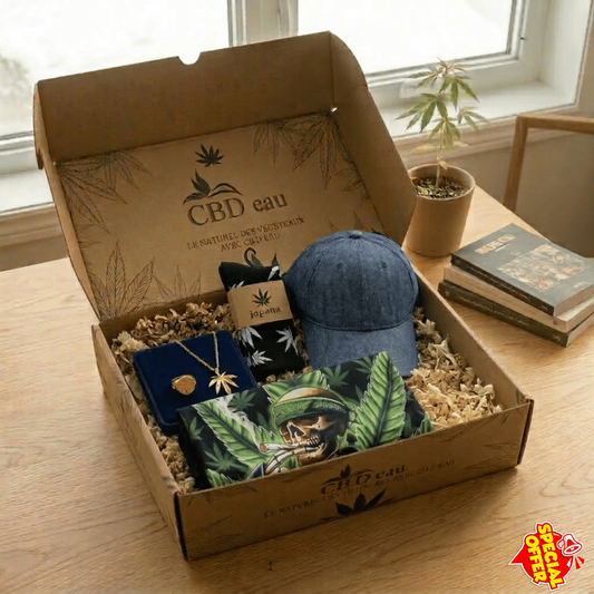 Coffret de goodies au cannabis avec chapeau, chaussettes, bijoux et t-shirt