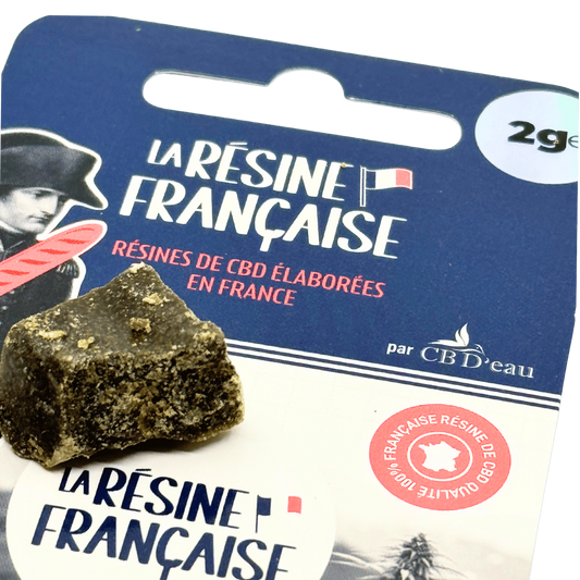 Résine CBD filtrée en pot, 2 g, présentée sur emballage bleu foncé