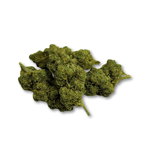 Fleur de CBD en bourgeons vert olive, tas volumineux aux reliefs.