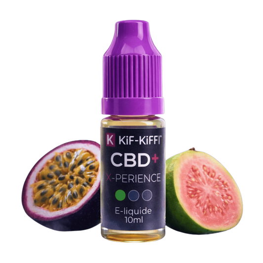 Flacon d’e-liquide CBD+ KiF-KiFF X-Perience sans THC, capuchon violet, 10 ml