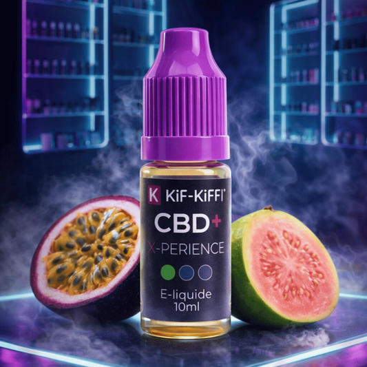 Flacon d’e-liquide CBD+ KiF-KiFF X-Perience sans THC, étiquette grise, 10 ml