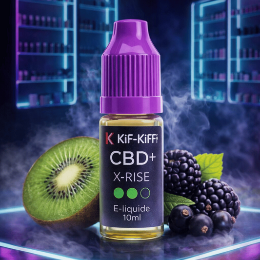 Flacon d’e-liquide CBD+ X-RISE Kii-Kiff, 10 ml, bouchon violet, avec kiwi et mûres