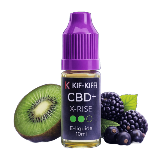 Flacon d’e-liquide CBD+ X-RISE Kii-Kiff, 10 ml, bouchon violet, étiquette noire