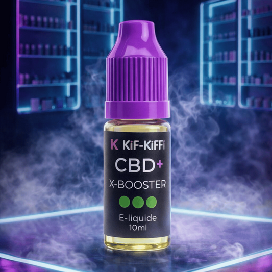 Flacon d’e-liquide CBD+ X-Booster 10 ml, étiquette KiF-KIffi, bouchon violet.