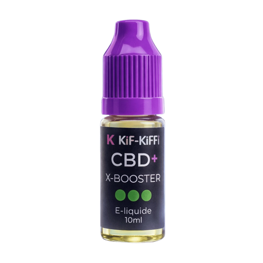 Flacon d’e-liquide CBD+ X-Booster 10 ml, bouchon violet nervuré, KiF-KIffi.