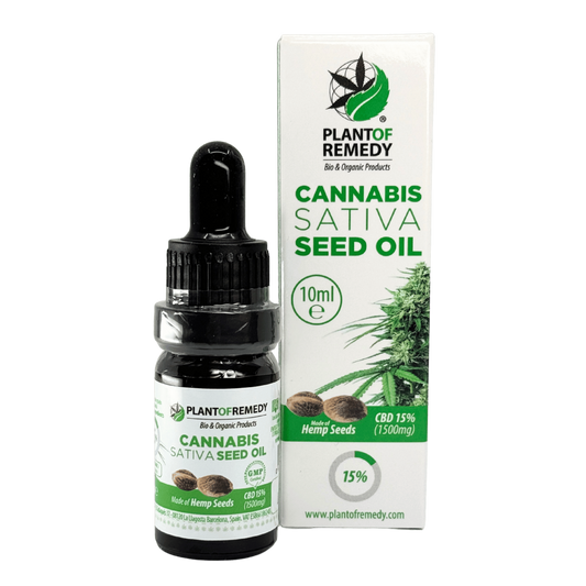 Huile CBD aux graines de chanvre en flacon noir et boîte Plant of Remedy