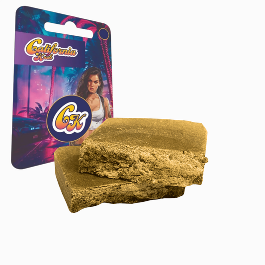 Bloc de résine CBD jaune-brun, texture friable (2 g)