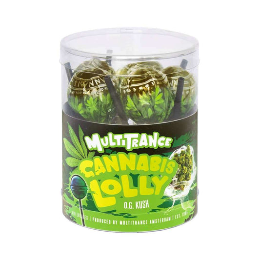 Boîte de sucettes cannabis Multitrance SANNABIS JOLLY O.G. Kush en pot transparent
