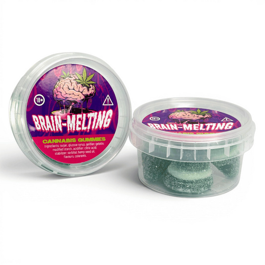 Boîte de gummies au cannabis « Brain-melting » en pots transparents, verts