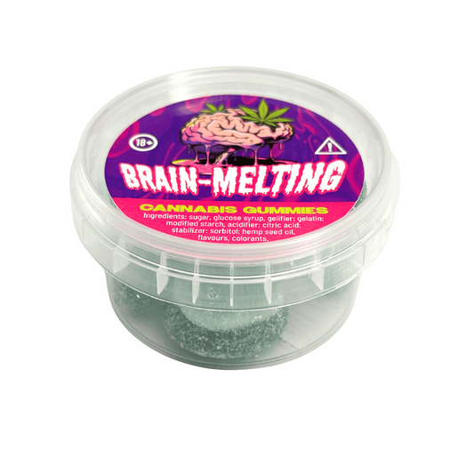 Pot transparent de gummies cannabis « Brain-melting », couleur verte, couvercle violet