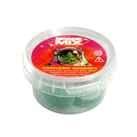 Boîte de bonbons gummies Cannabis Space Mix MULTITRANCE, verts, étiquette sur le dessus