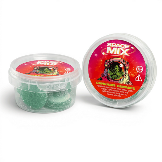 Boîte de bonbons gummies Cannabis Space Mix MULTITRANCE, verts, couvercle transparent