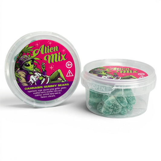 Boîte transparente avec bonbons gélifiés ours verts Alien Mix, couvercle
