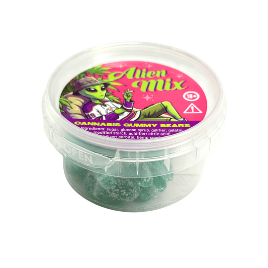 Pot transparent de bonbons gélifiés ours verts Alien Mix, étiquette rose