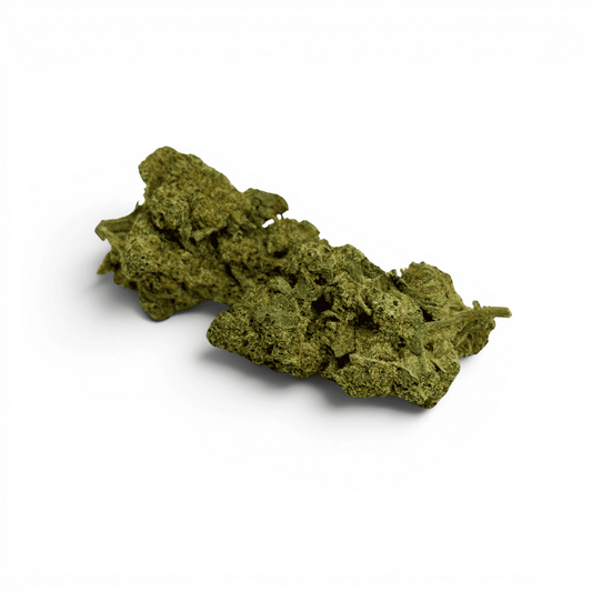 Fleur de CBD verte, buds agglomérés, forme irrégulière granuleuse