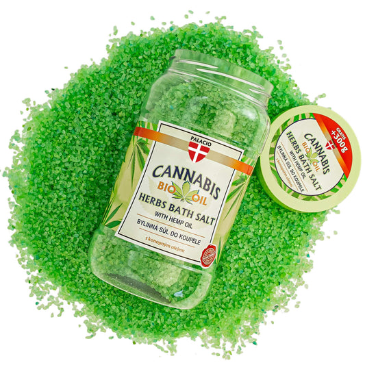 Bocal de sel de bain bio au chanvre Palacio, herbes, couvercle vert.