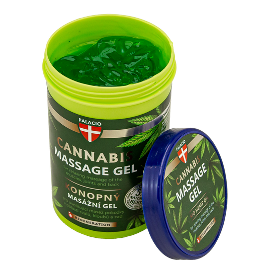Pot de gel de massage au chanvre vert, couvercle bleu, marque Palacio