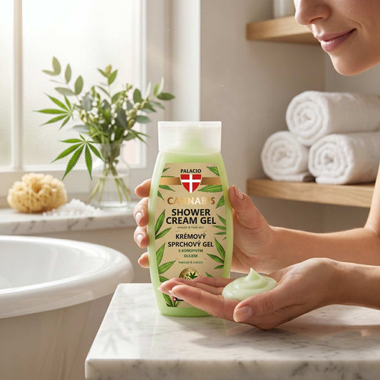 Gel douche au chanvre Palacio en flacon vert clair, étiquette visible.