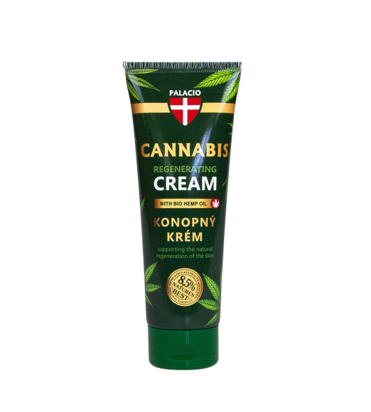 Crème pour les mains Palacio Cannabis en tube vert, étiquette régénérante.