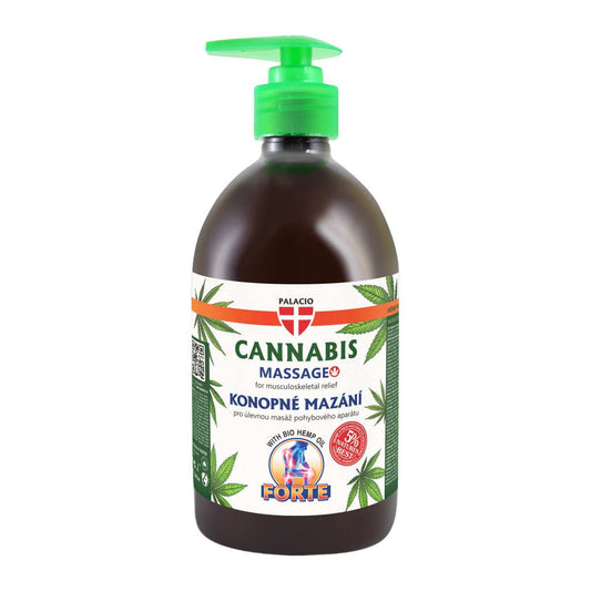 Lotion au chanvre Palacio en flacon brun à pompe verte, étiquette Cannabis Massage